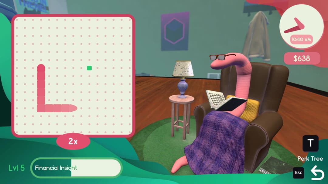 A worm reviewing a perk tree in Worming from Home